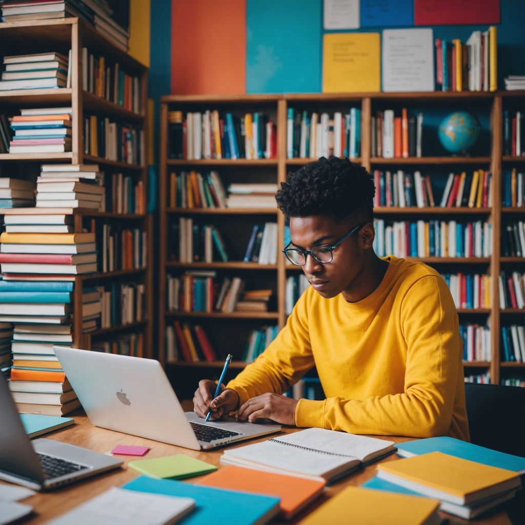 Student writing with books and laptop