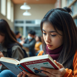 Estudiante universitario leyendo en un entorno vibrante.