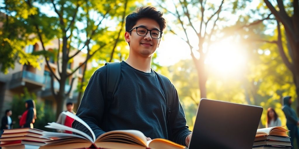 University student in a vibrant campus with books and laptop.