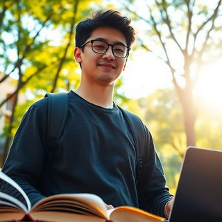 University student in a vibrant campus with books and laptop.