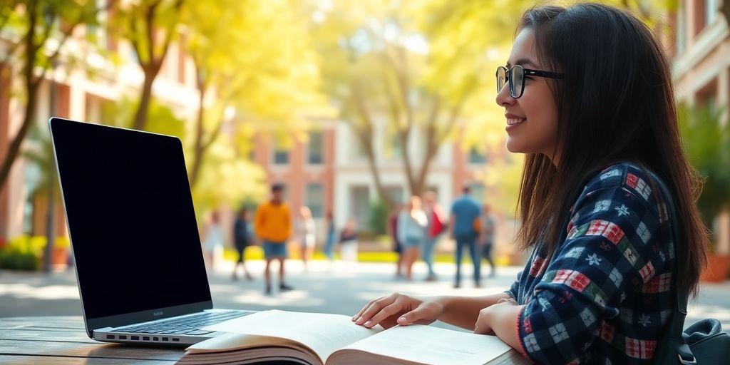 University student studying in a vibrant campus setting.