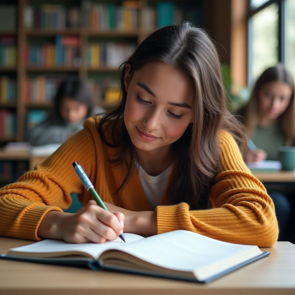 Estudante universitário escrevendo em um ambiente vibrante.