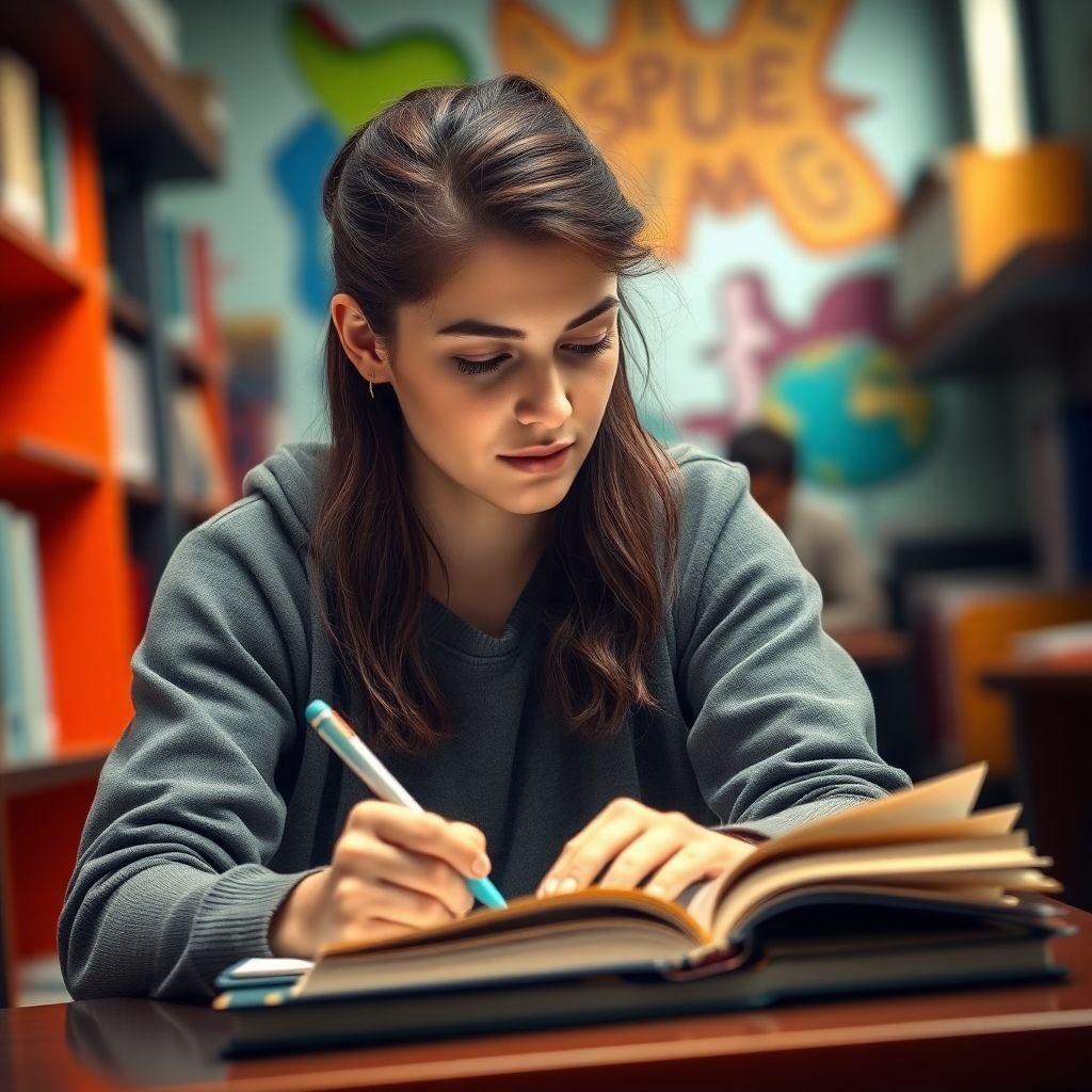 University student writing in a colorful study environment.