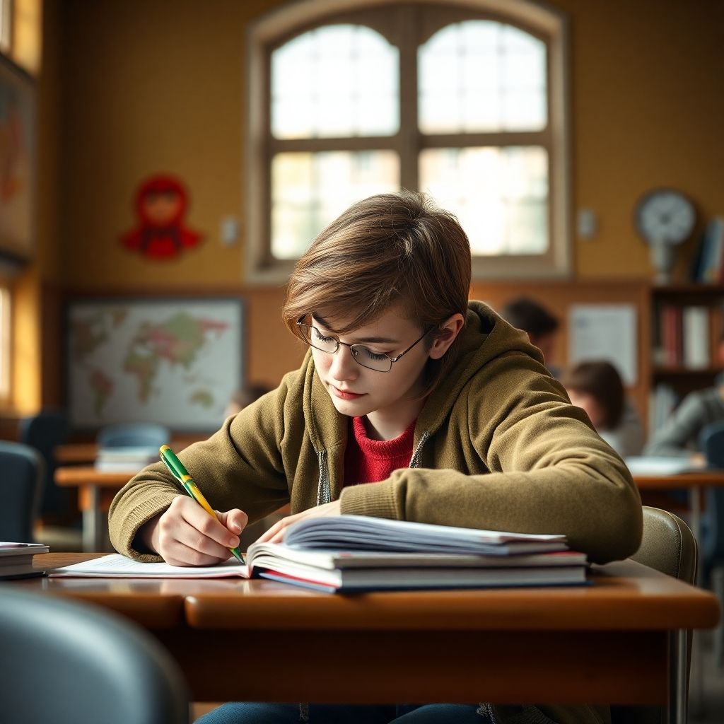 University student writing at a desk in colorful setting.