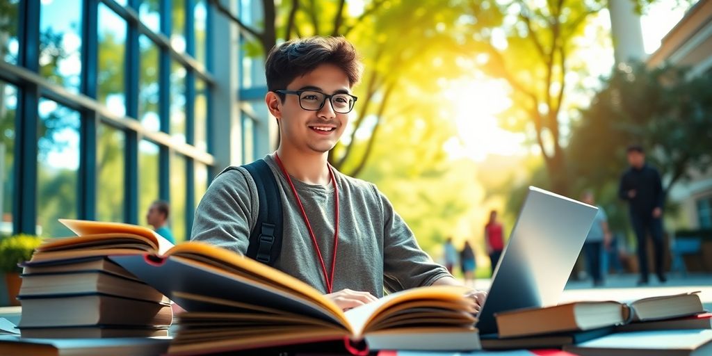 University student studying on a vibrant campus with nature.