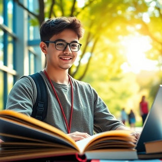 University student studying on a vibrant campus with nature.