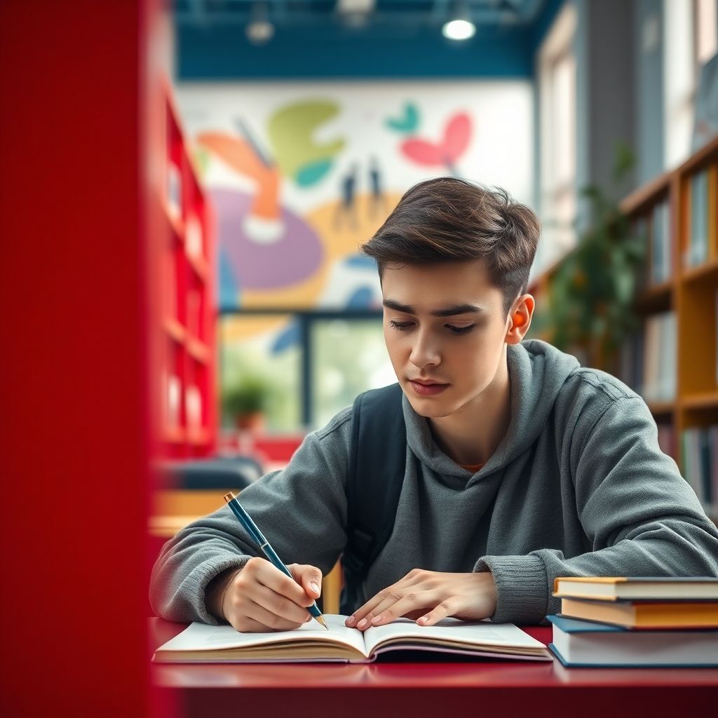 University student writing in a vibrant study environment.