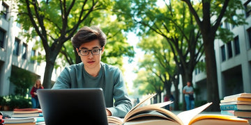 University student studying in a lively campus environment.