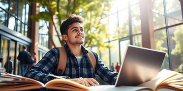 Estudiante universitario en un entorno vibrante y académico.