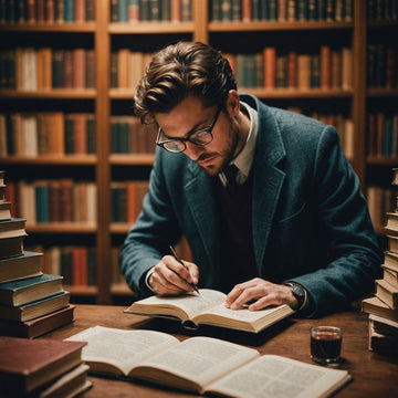 Scholar studying books to identify themes in literature.