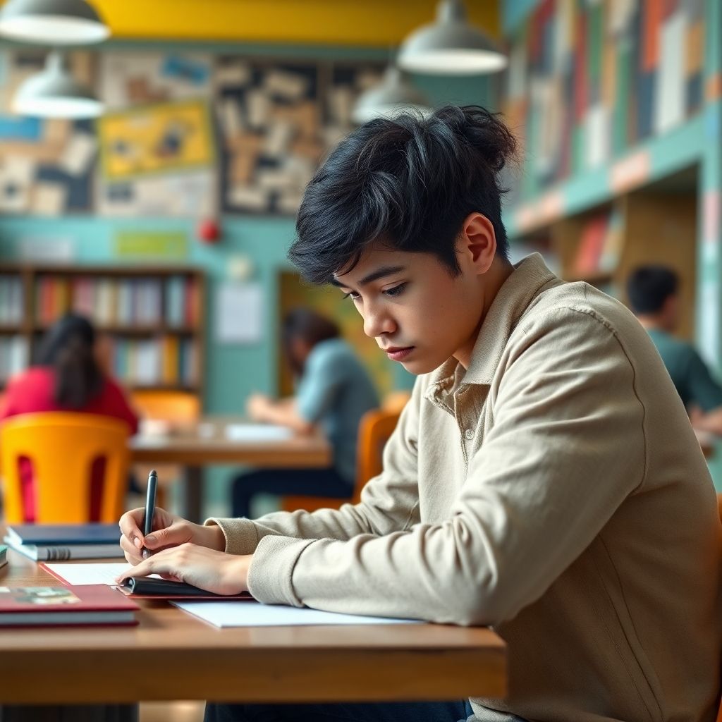 University student writing in a vibrant study environment.