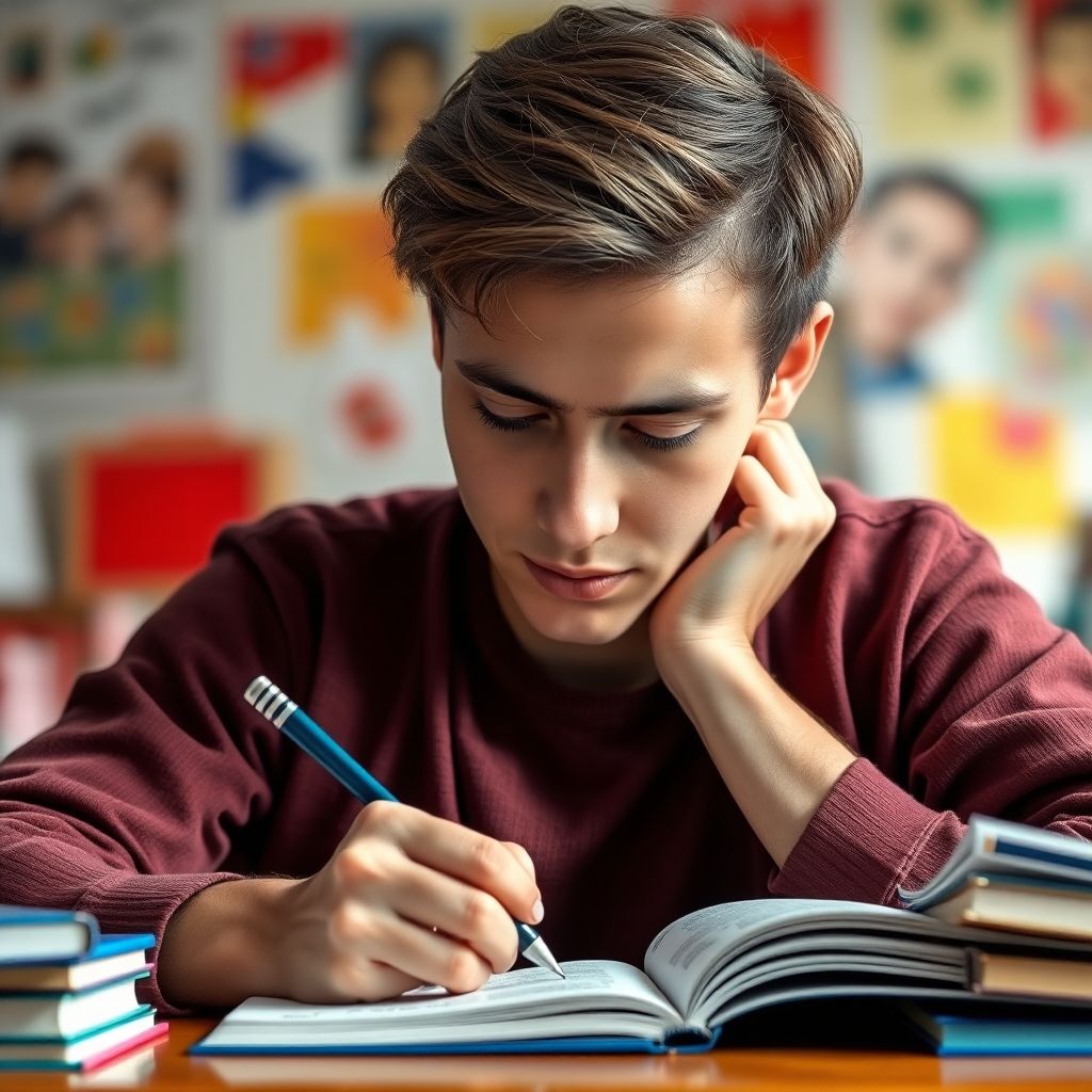 University student writing in a vibrant study environment.