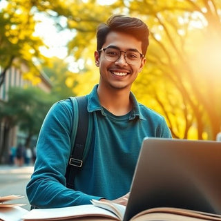 University student in a vibrant campus with books and laptop.