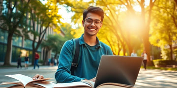 University student in a vibrant campus with books and laptop.