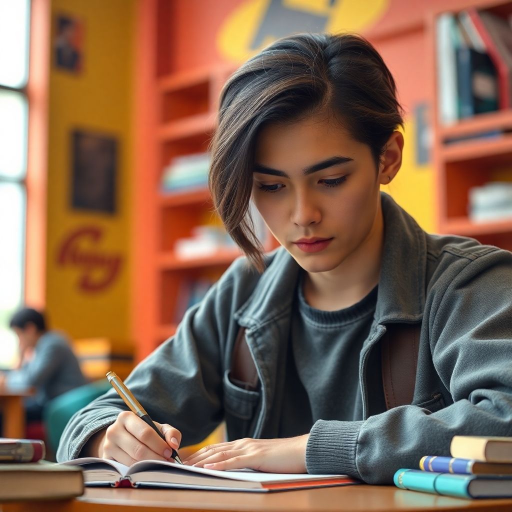 A university student writing in a colorful study setting.