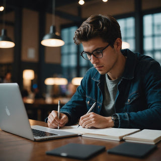 Estudiante trabajando en su tesis con laptop y cuaderno