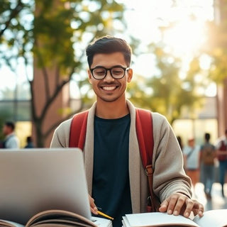 University student studying in a lively campus environment.