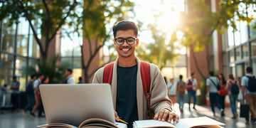 University student studying in a lively campus environment.