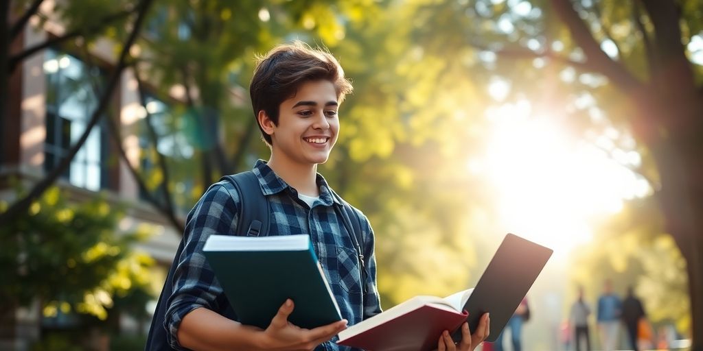 University student studying in a vibrant campus environment.