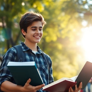 University student studying in a vibrant campus environment.