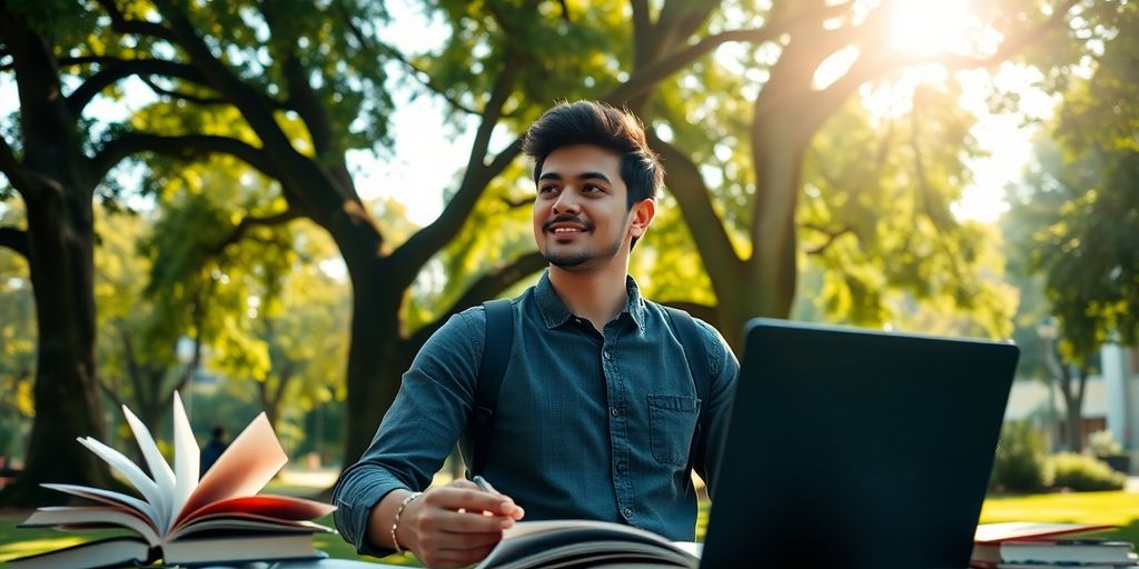 University student studying in a vibrant campus environment.