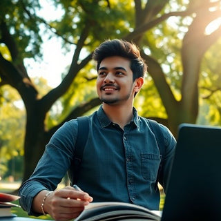 University student studying in a vibrant campus environment.