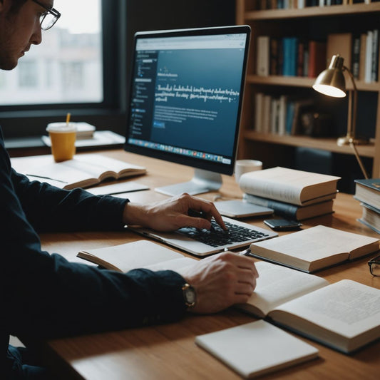 Student writing thesis with books and laptop on desk