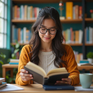 Estudiante universitario leyendo en un entorno vibrante.