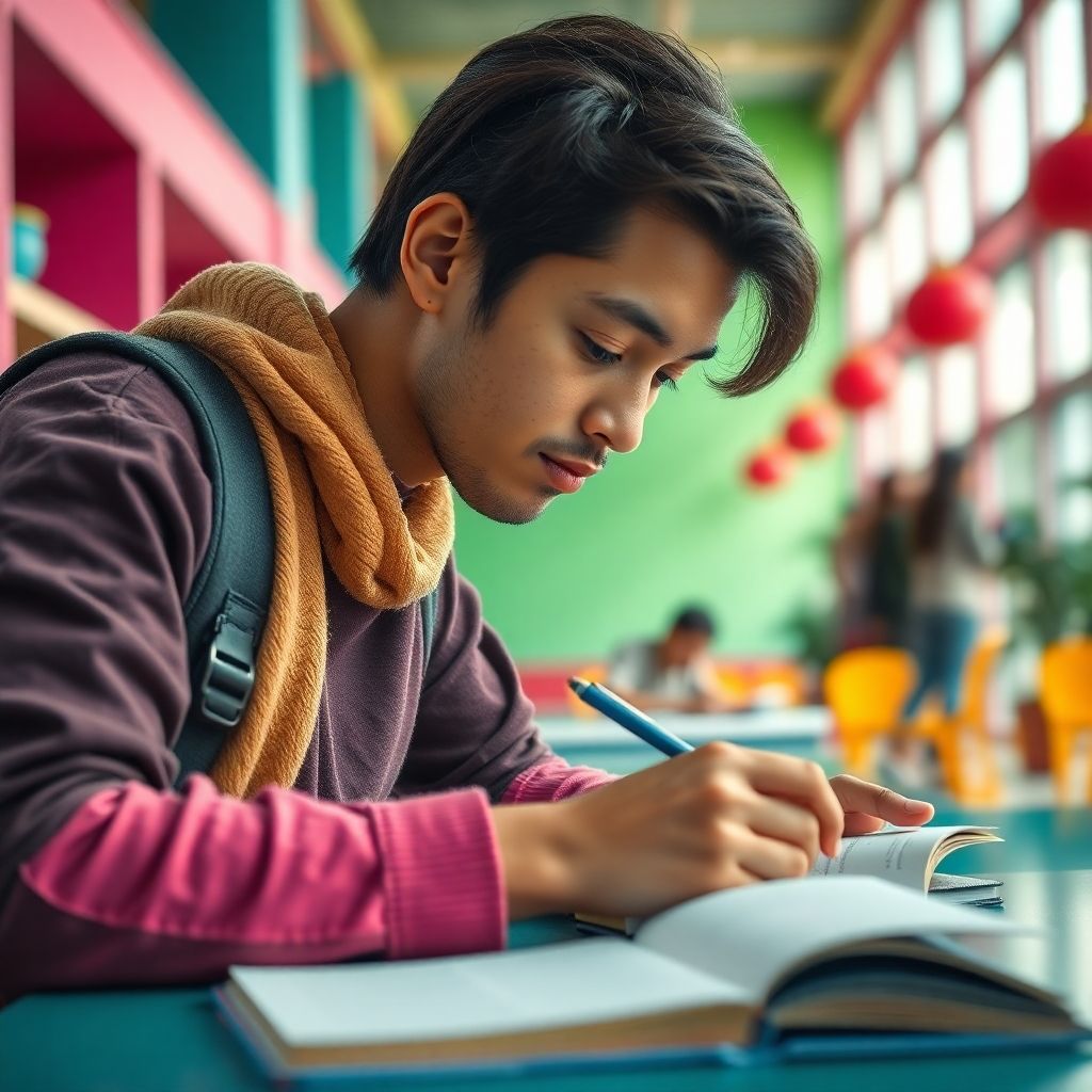 University student engaged in writing in vibrant setting.