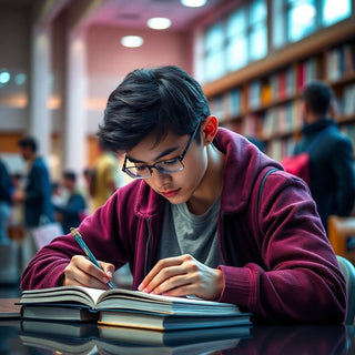 University student writing in a vibrant study environment.