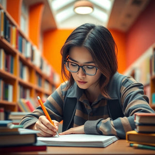 University student writing in a vibrant study environment.