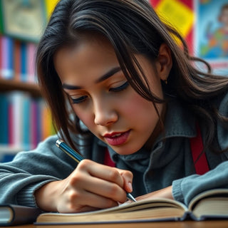Estudiante universitario escribiendo en un entorno colorido.