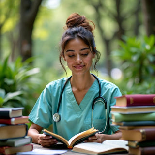 Estudante de doutorado em enfermagem estudando em um ambiente universitário colorido.