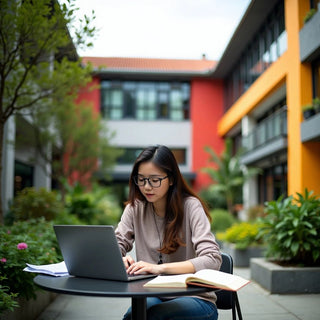 Student studying in a colorful university setting.