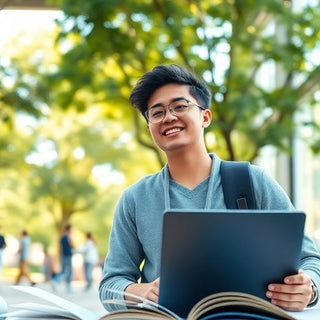 University student in a vibrant campus environment with books.