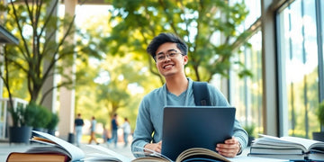 University student in a vibrant campus environment with books.