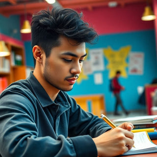 University student writing in a colorful study environment.