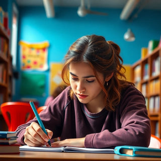 University student writing in a colorful study environment.