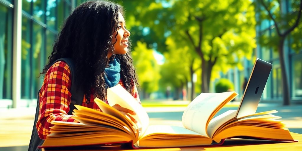 University student studying in a vibrant campus setting.