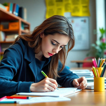 University student writing in a colorful study setting.