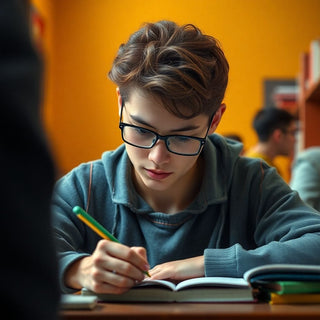 University student writing in a vibrant, colorful setting.