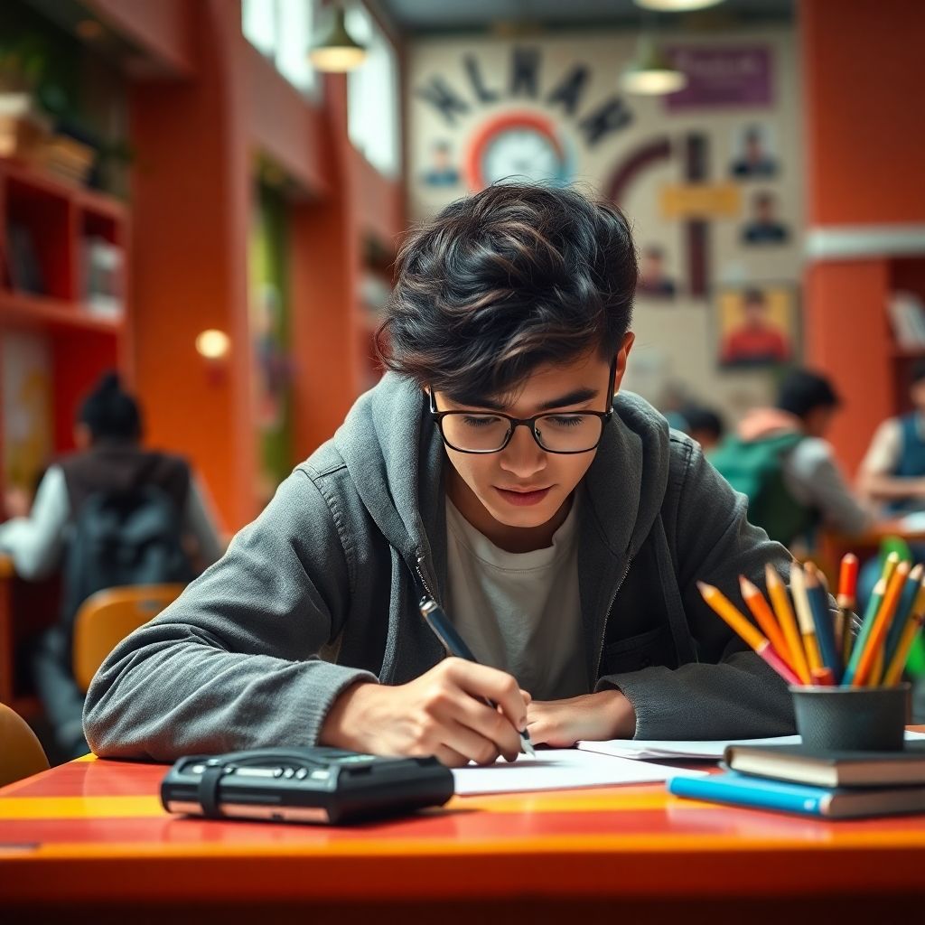 University student writing at a colorful desk.