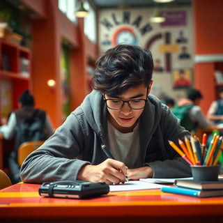 University student writing at a colorful desk.