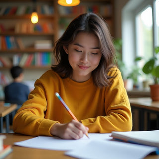 Estudante universitário escrevendo em um ambiente vibrante.