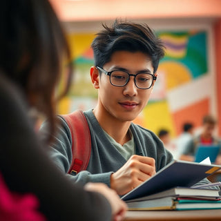 Estudante universitário escrevendo em um ambiente colorido.