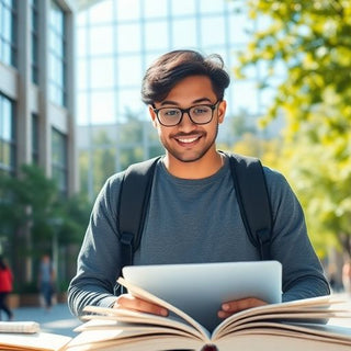 University student in a vibrant campus with books and laptop.