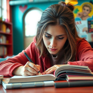 University student writing in a vibrant study environment.