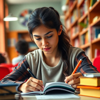 University student writing in a colorful study environment.