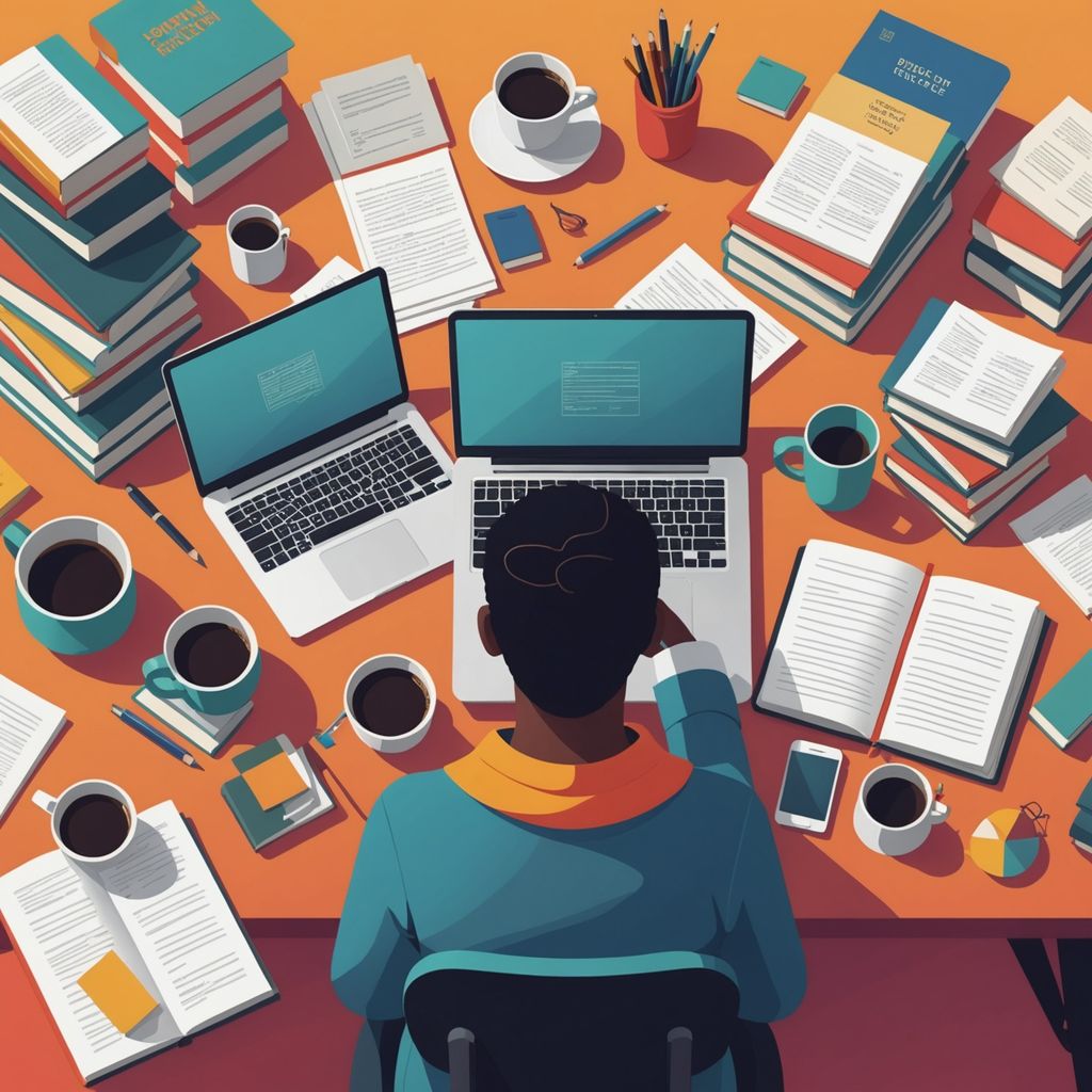 Person at desk with laptop and books