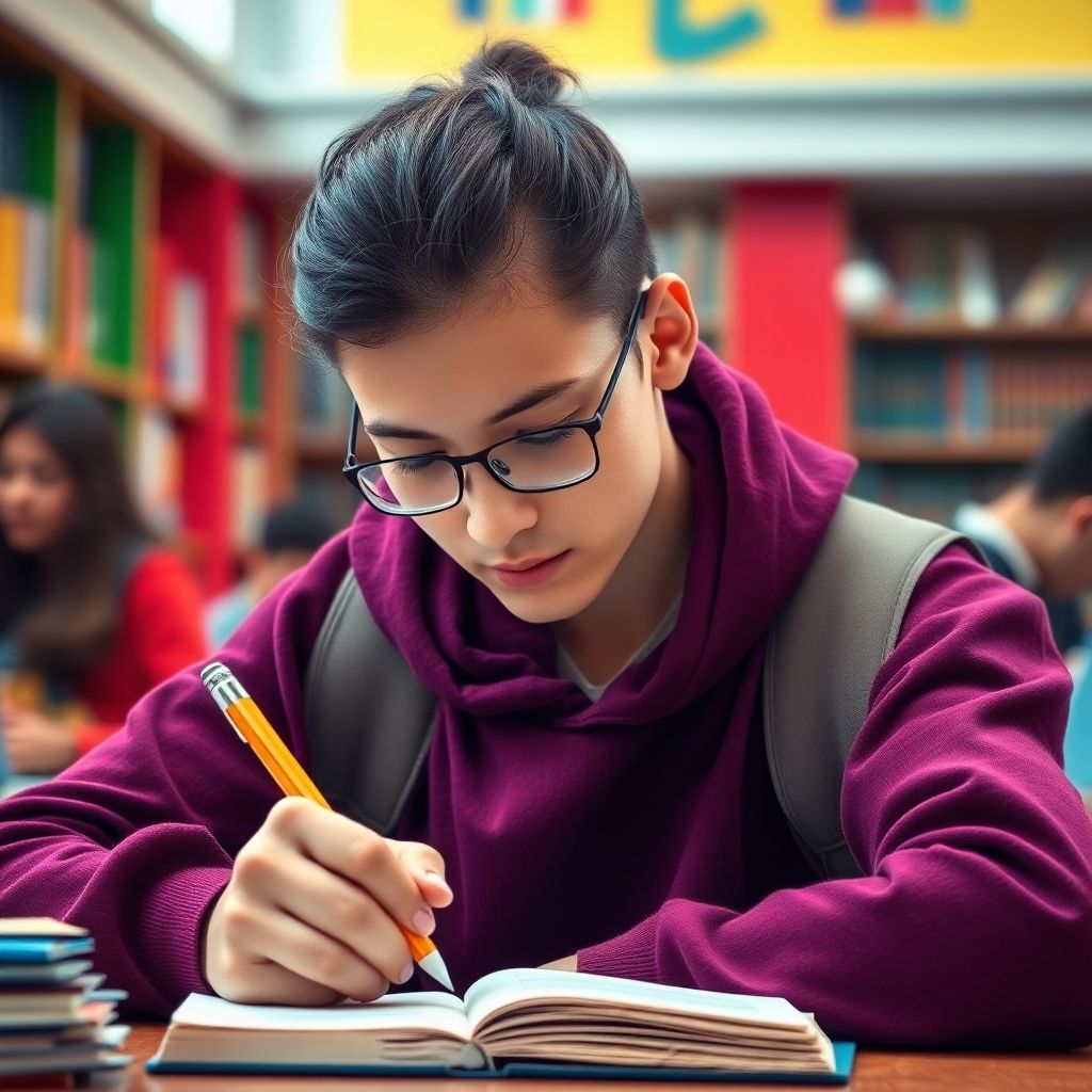 University student writing in a colorful, vibrant setting.